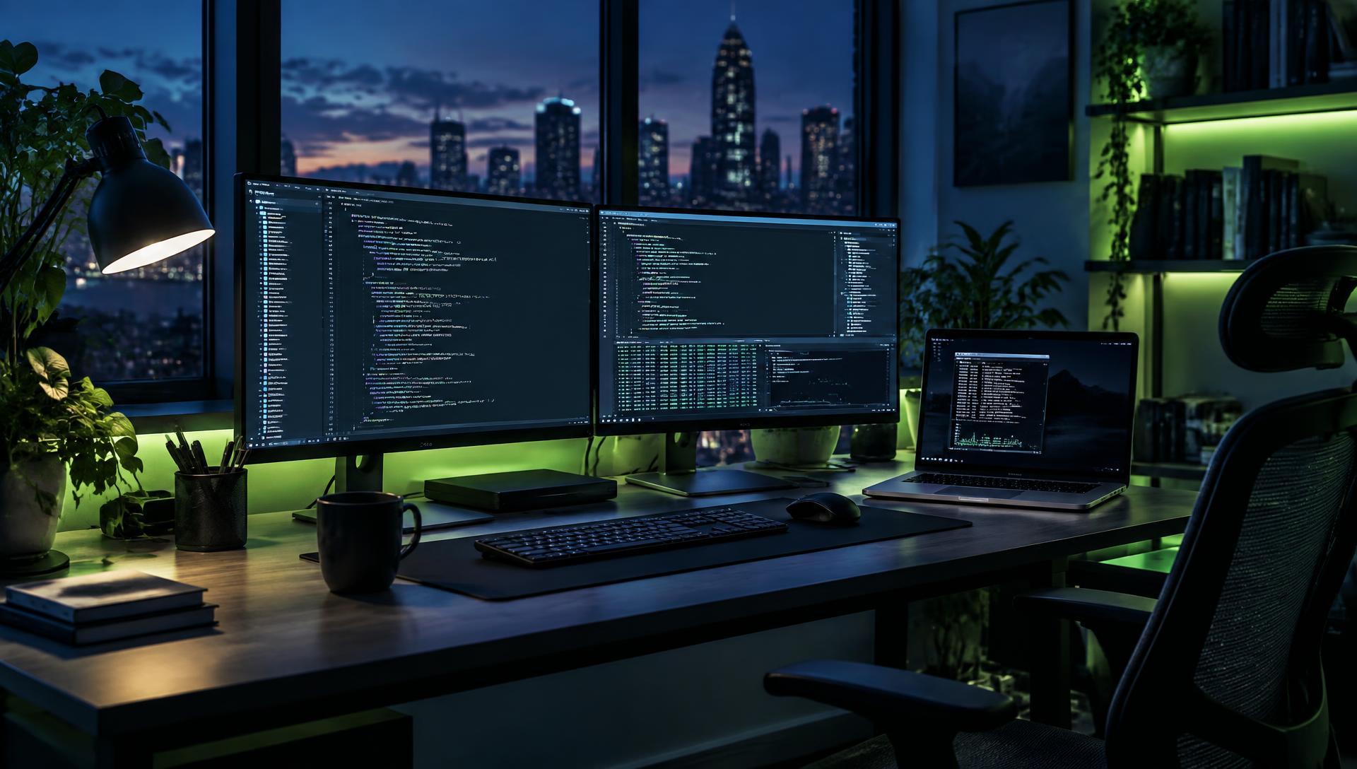 Software engineering workspace with code editors and terminal output on multiple monitors